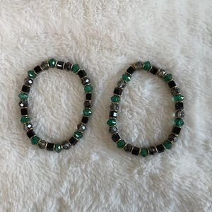 Beaded Stretch Bracelets with Emerald Green, Black, and Grey Stones
